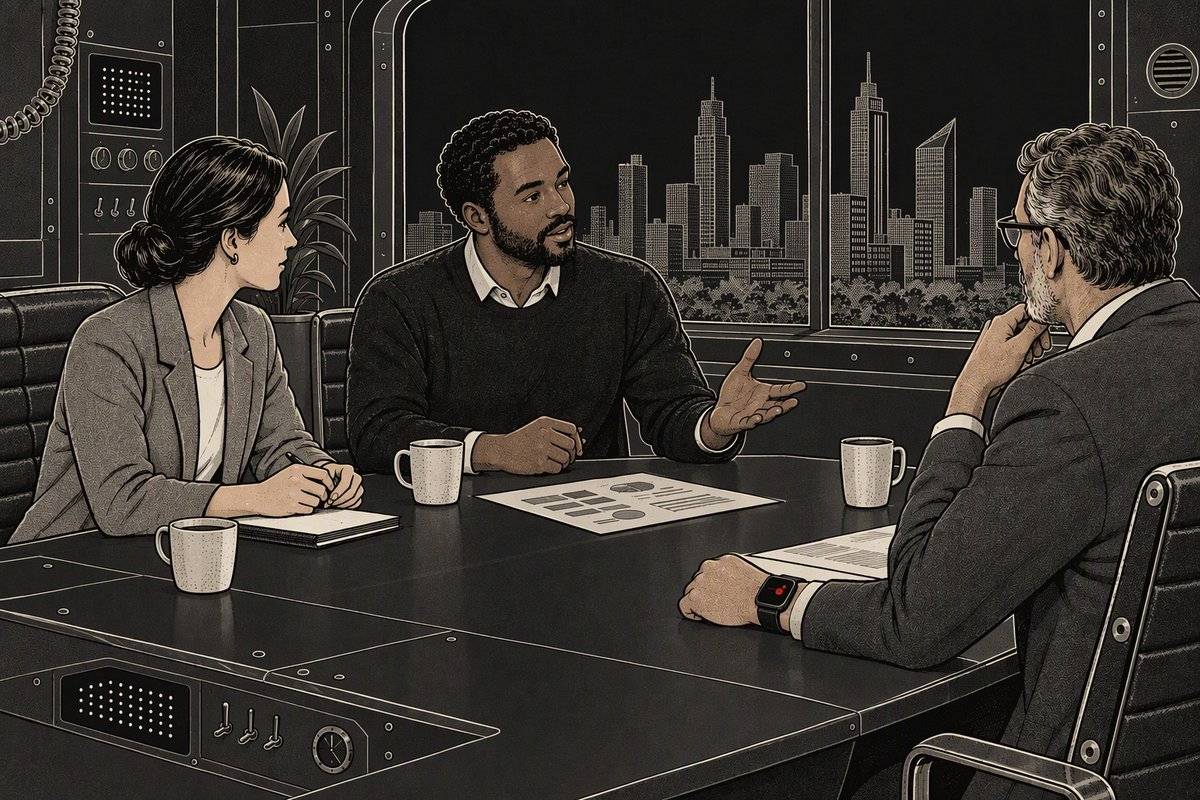 Illustration: three people talk at a conference table, and the man listening wears a smartwatch with a small red recording light.