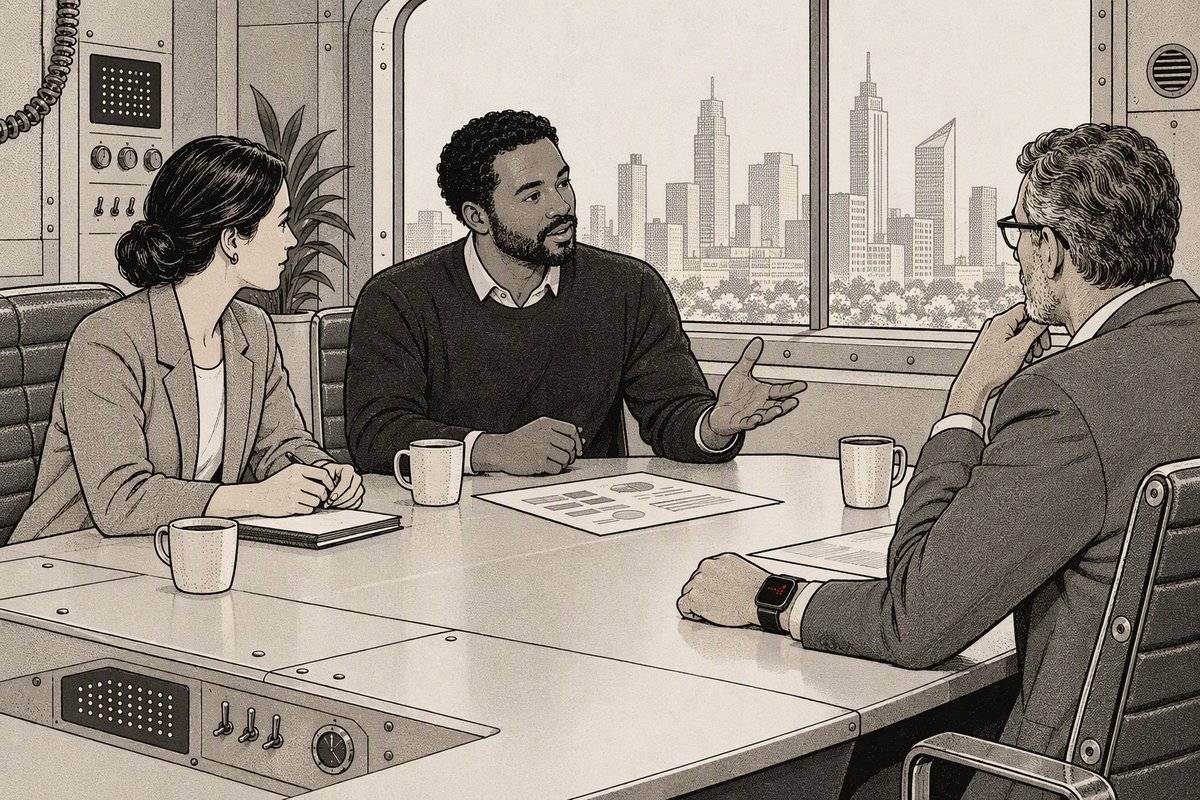 Illustration: three people talk at a conference table, and the man listening wears a smartwatch with a small red recording light.