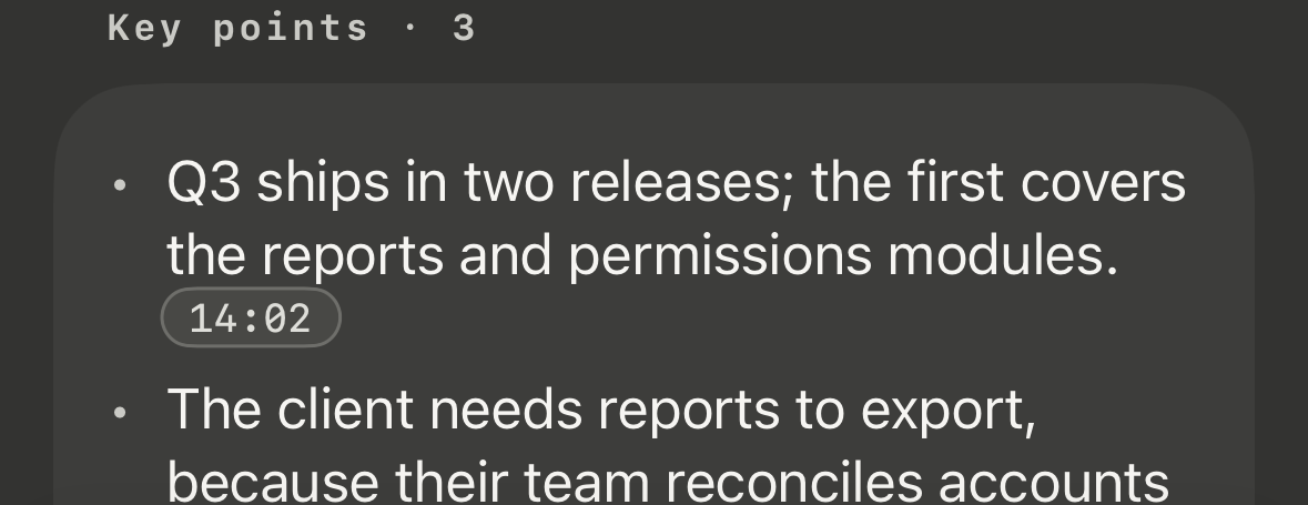 Konote notes: key points, each with a time stamp such as 14:02 and 14:32