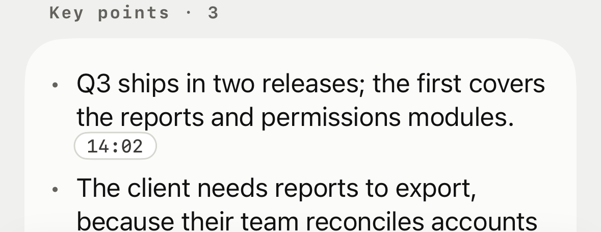 Konote notes: key points, each with a time stamp such as 14:02 and 14:32