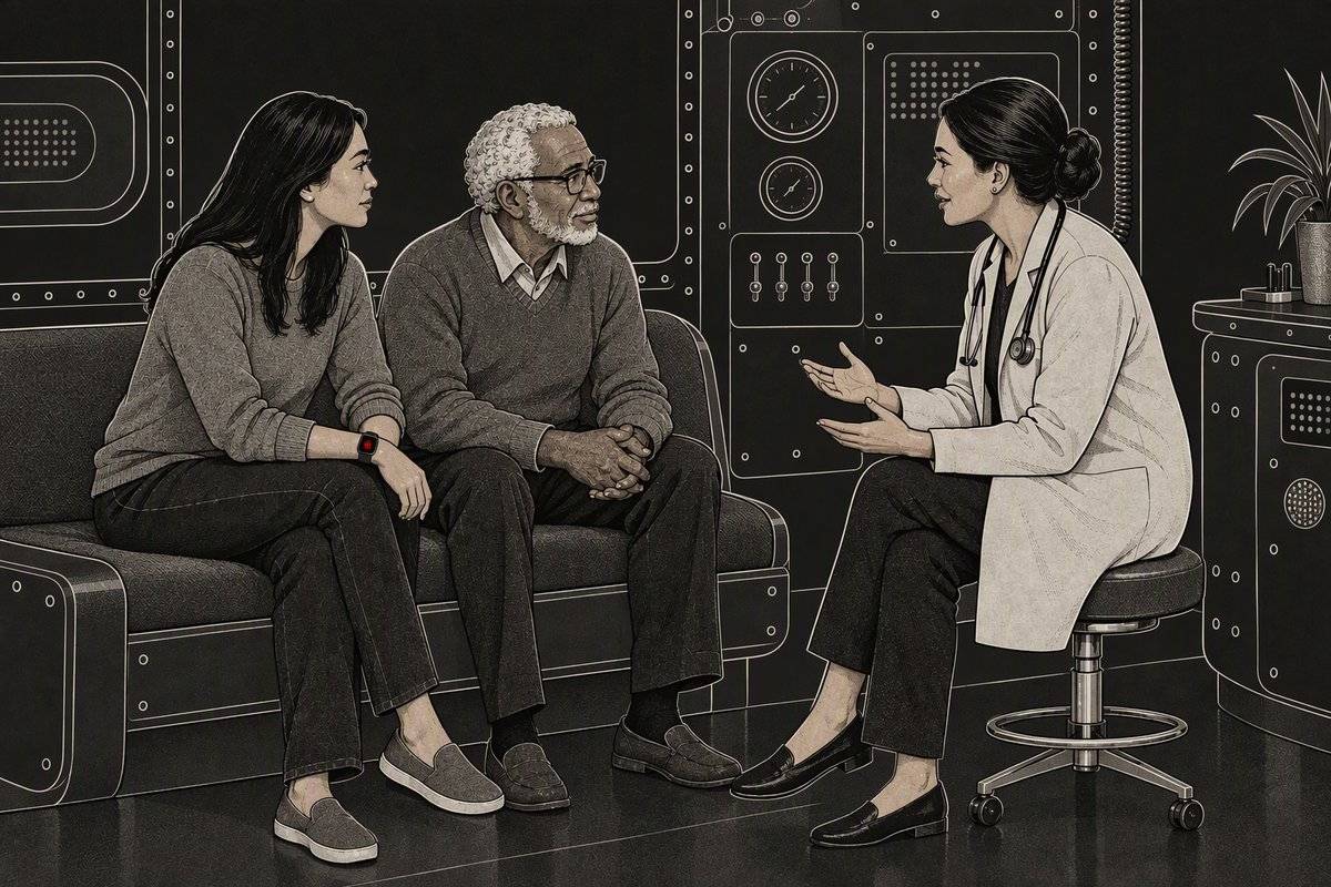 Illustration: a woman and her elderly father sit with a doctor who is explaining something. The daughter’s watch is recording.