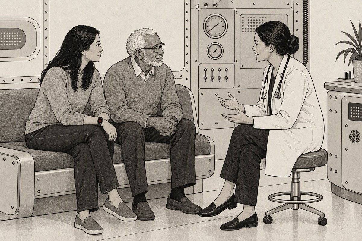 Illustration: a woman and her elderly father sit with a doctor who is explaining something. The daughter’s watch is recording.