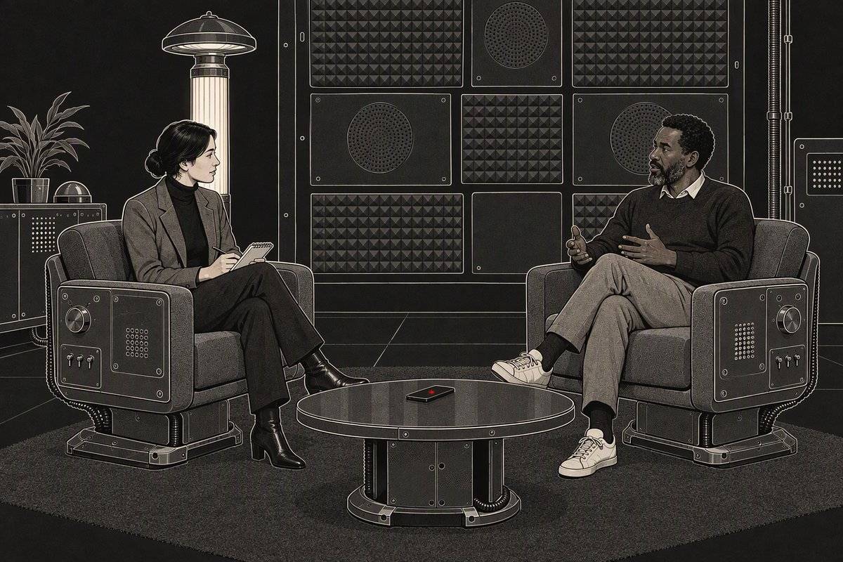Illustration: a journalist with a notepad interviews a man in facing armchairs. A phone on the low table between them is recording.