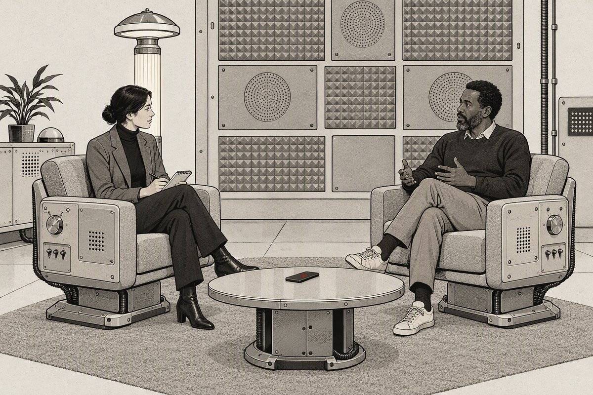 Illustration: a journalist with a notepad interviews a man in facing armchairs. A phone on the low table between them is recording.