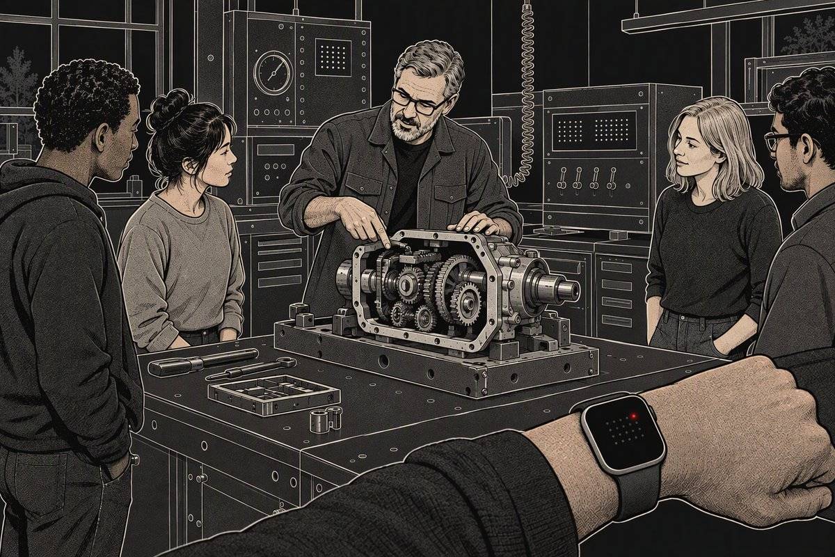 Illustration: an instructor demonstrates a gearbox on a workbench to a group of trainees. In the foreground, a trainee’s watch is recording.