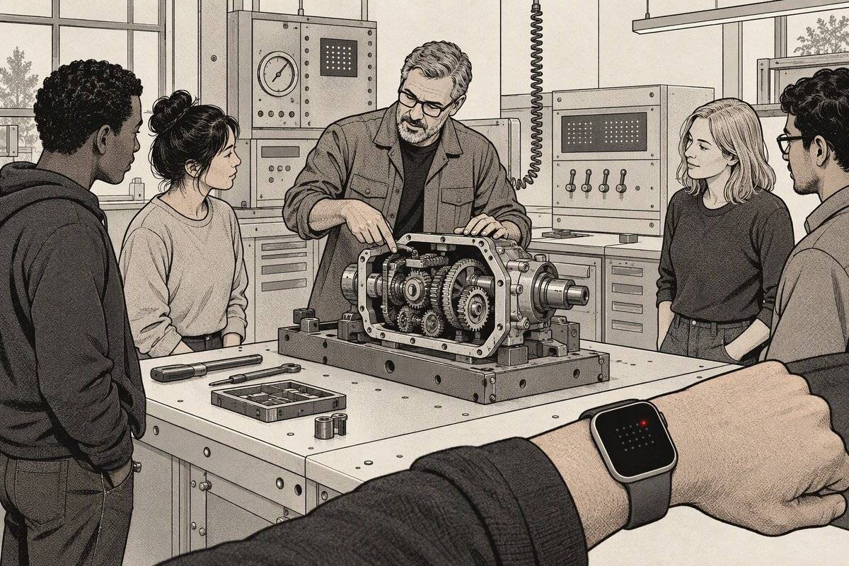 Illustration: an instructor demonstrates a gearbox on a workbench to a group of trainees. In the foreground, a trainee’s watch is recording.