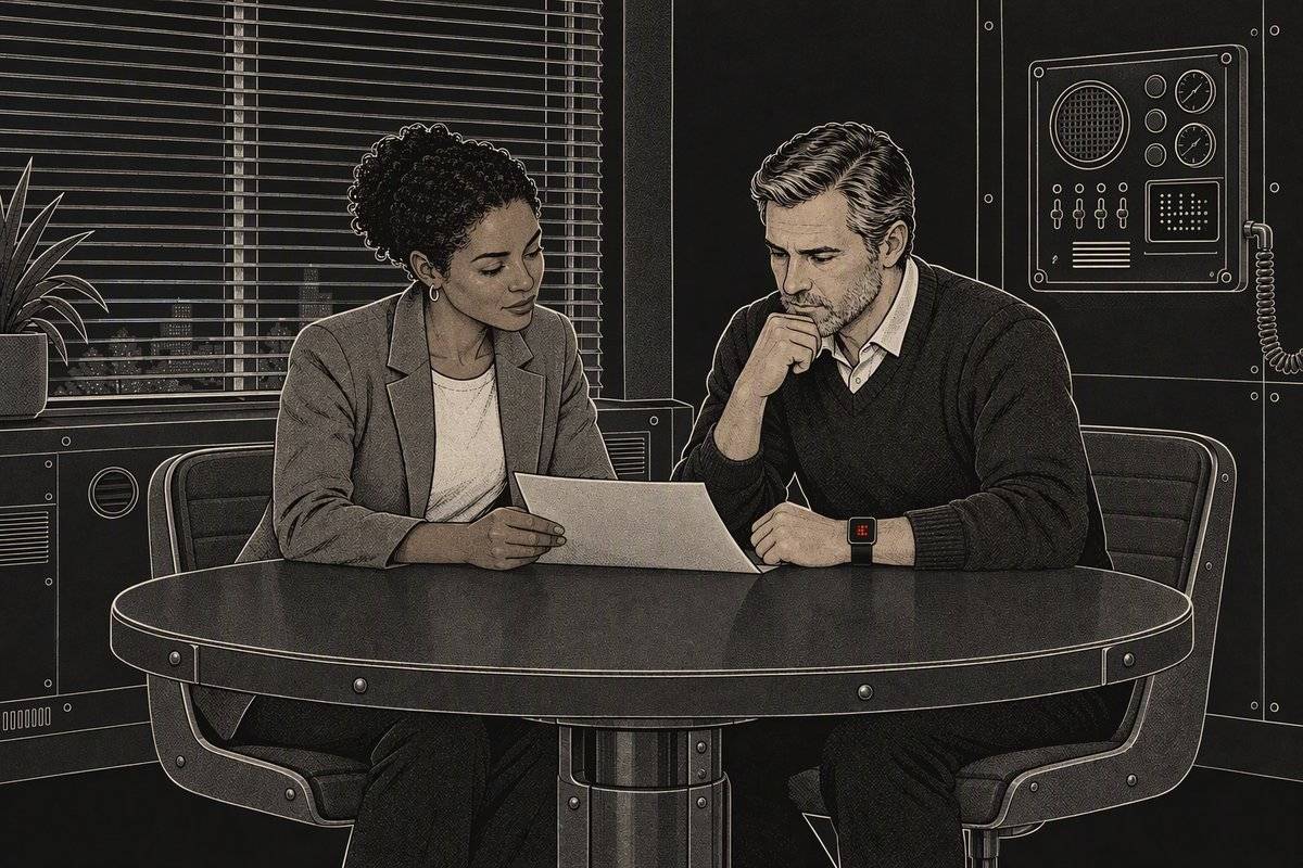 Illustration: an attorney and a business owner look over a document at a round table. His watch is recording.