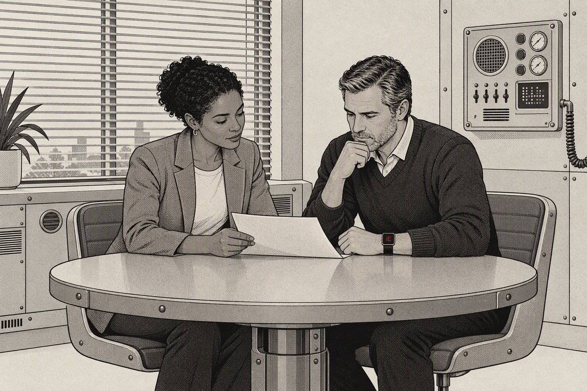Illustration: an attorney and a business owner look over a document at a round table. His watch is recording.