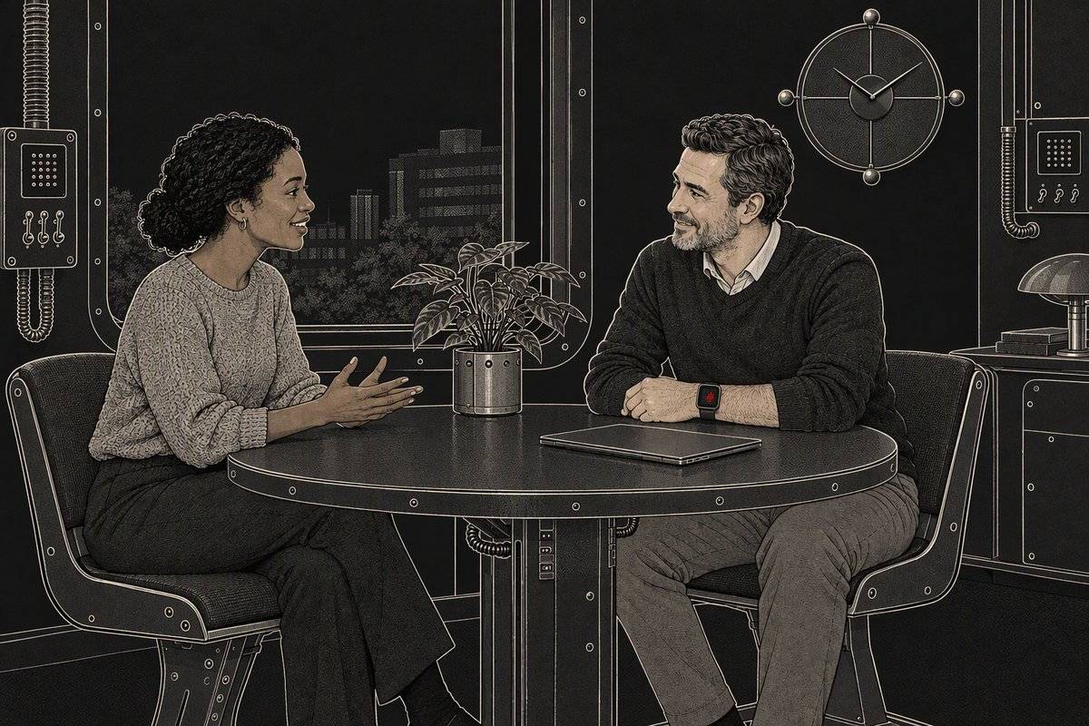 Illustration: two colleagues talk at a small round table by a window. The man’s watch shows a small red recording light.