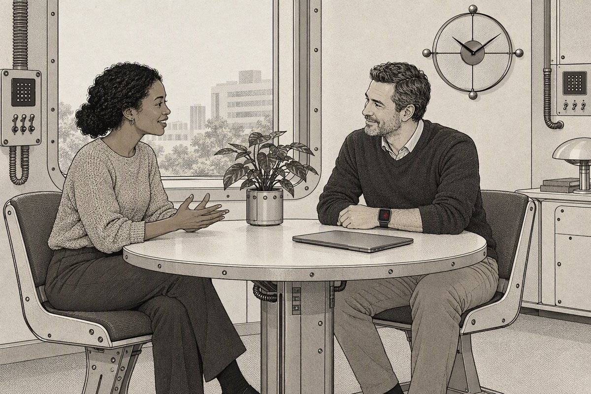 Illustration: two colleagues talk at a small round table by a window. The man’s watch shows a small red recording light.
