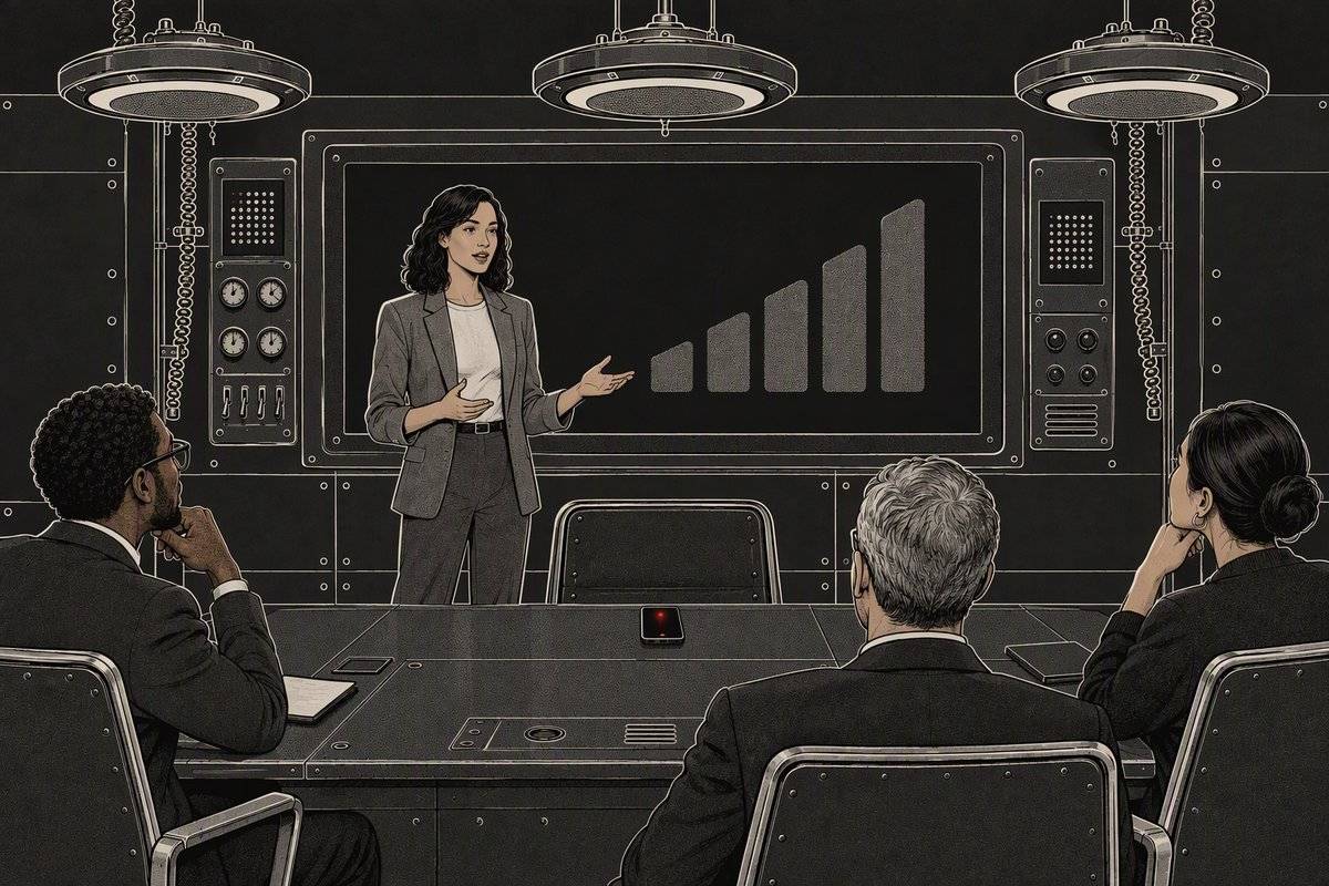 Illustration: a founder presents to three investors in front of a screen with rising bars. A phone on the table is recording.