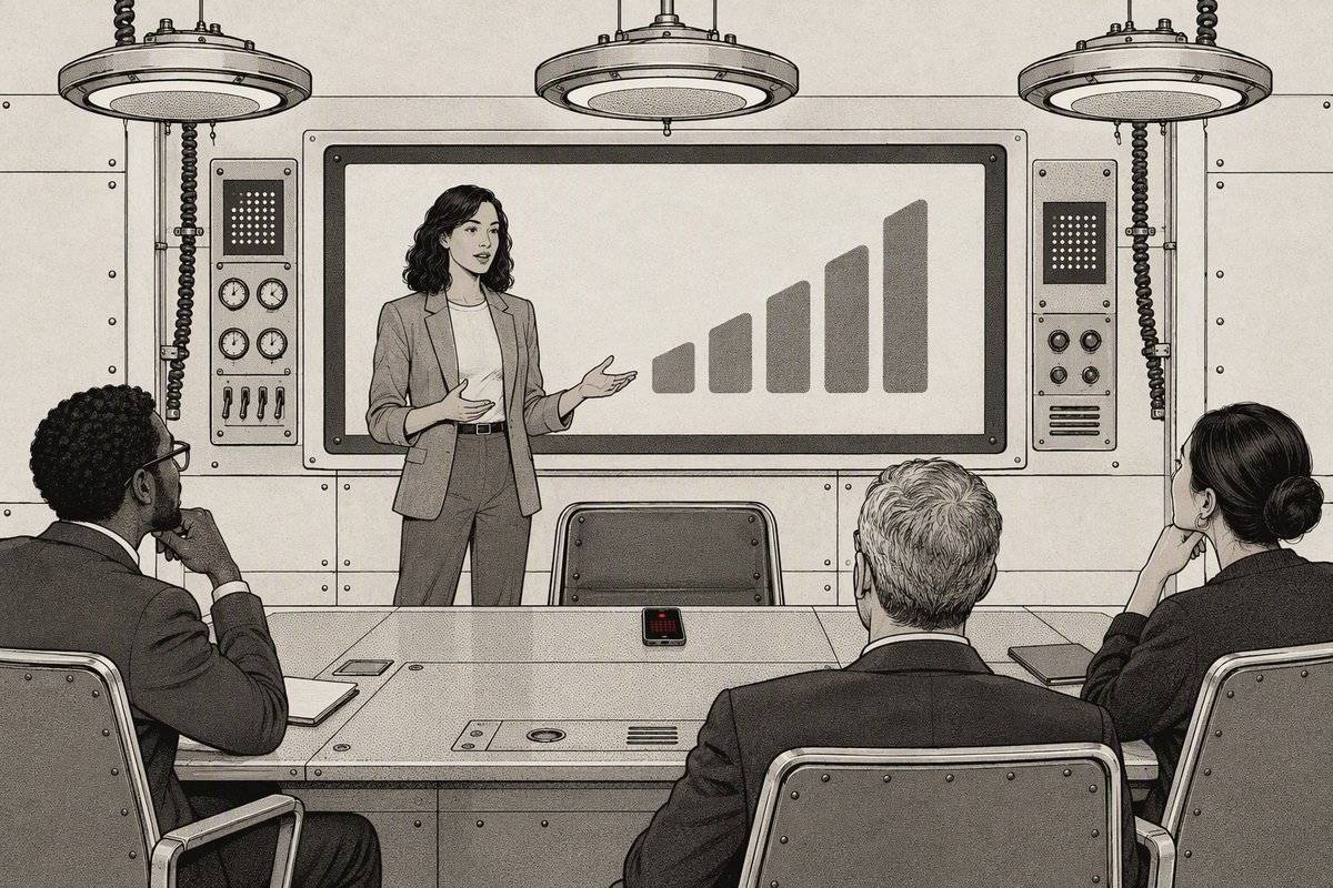 Illustration: a founder presents to three investors in front of a screen with rising bars. A phone on the table is recording.