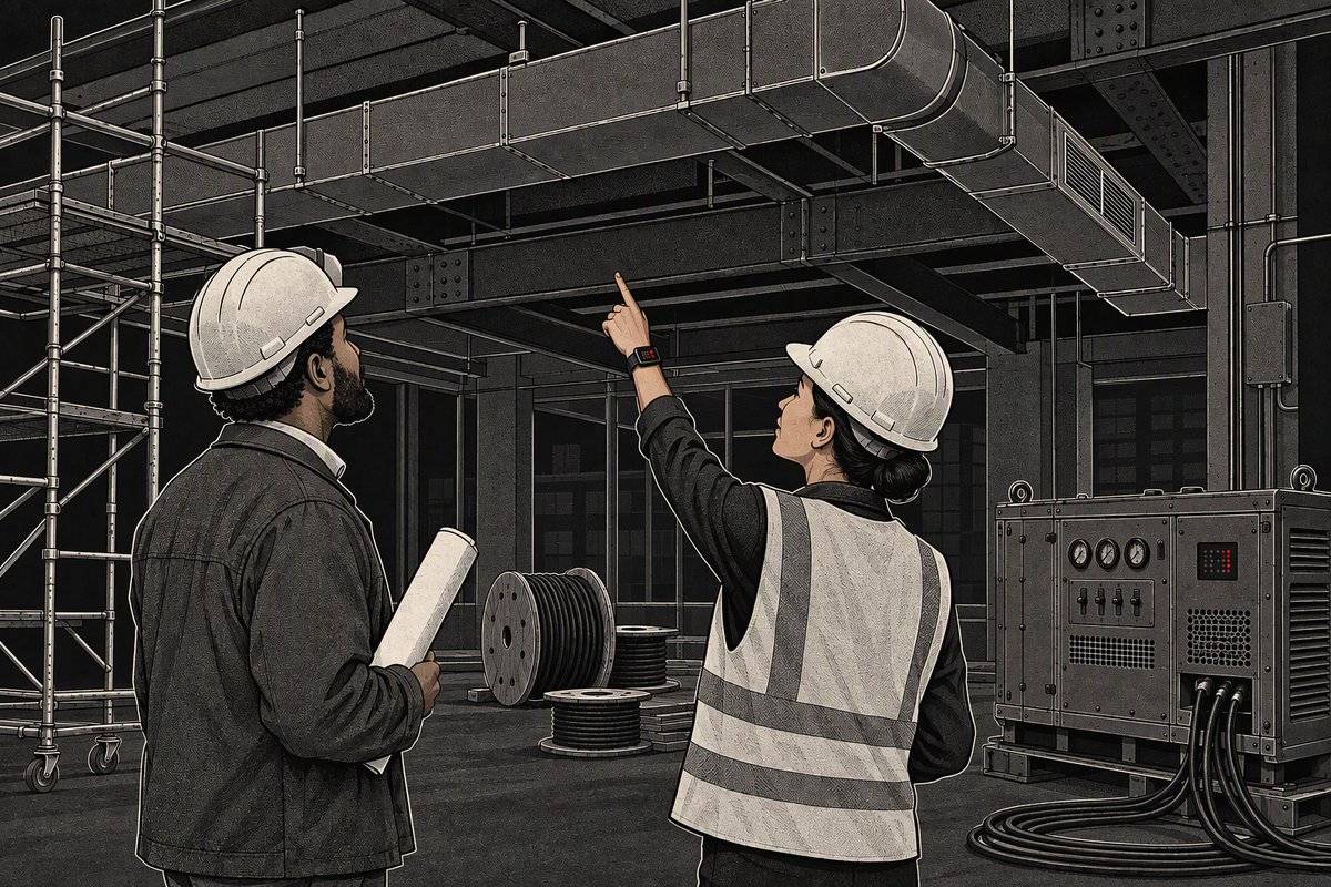 Illustration: in a building under construction, a supervisor in a hard hat points up at the ductwork while a contractor holding rolled drawings looks on. Her watch is recording.