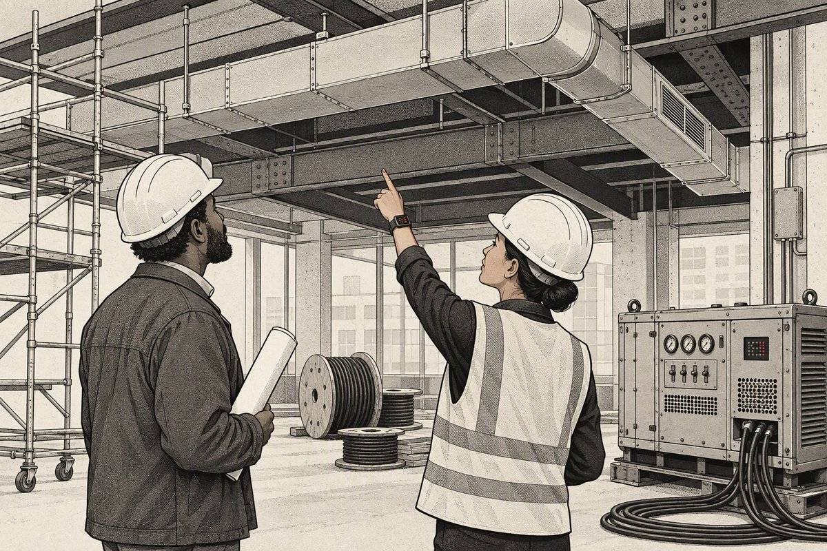 Illustration: in a building under construction, a supervisor in a hard hat points up at the ductwork while a contractor holding rolled drawings looks on. Her watch is recording.