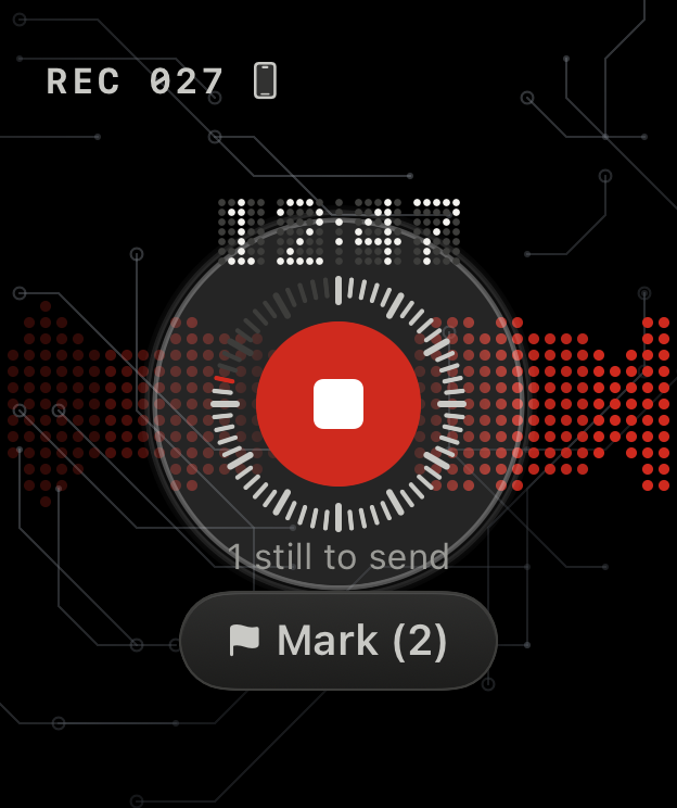 Konote on Apple Watch while recording: timer at 12:47, a red stop button and a Mark button