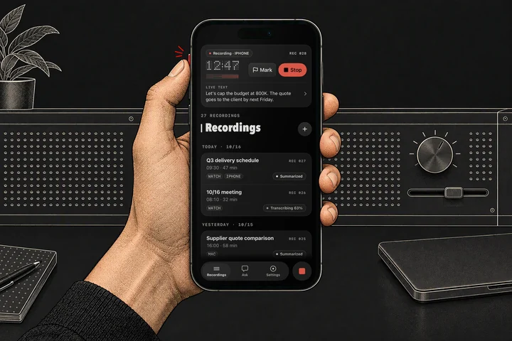 A thumb presses the iPhone Action button; Konote starts recording