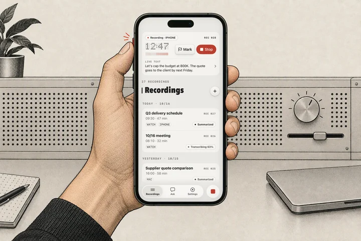 A thumb presses the iPhone Action button; Konote starts recording